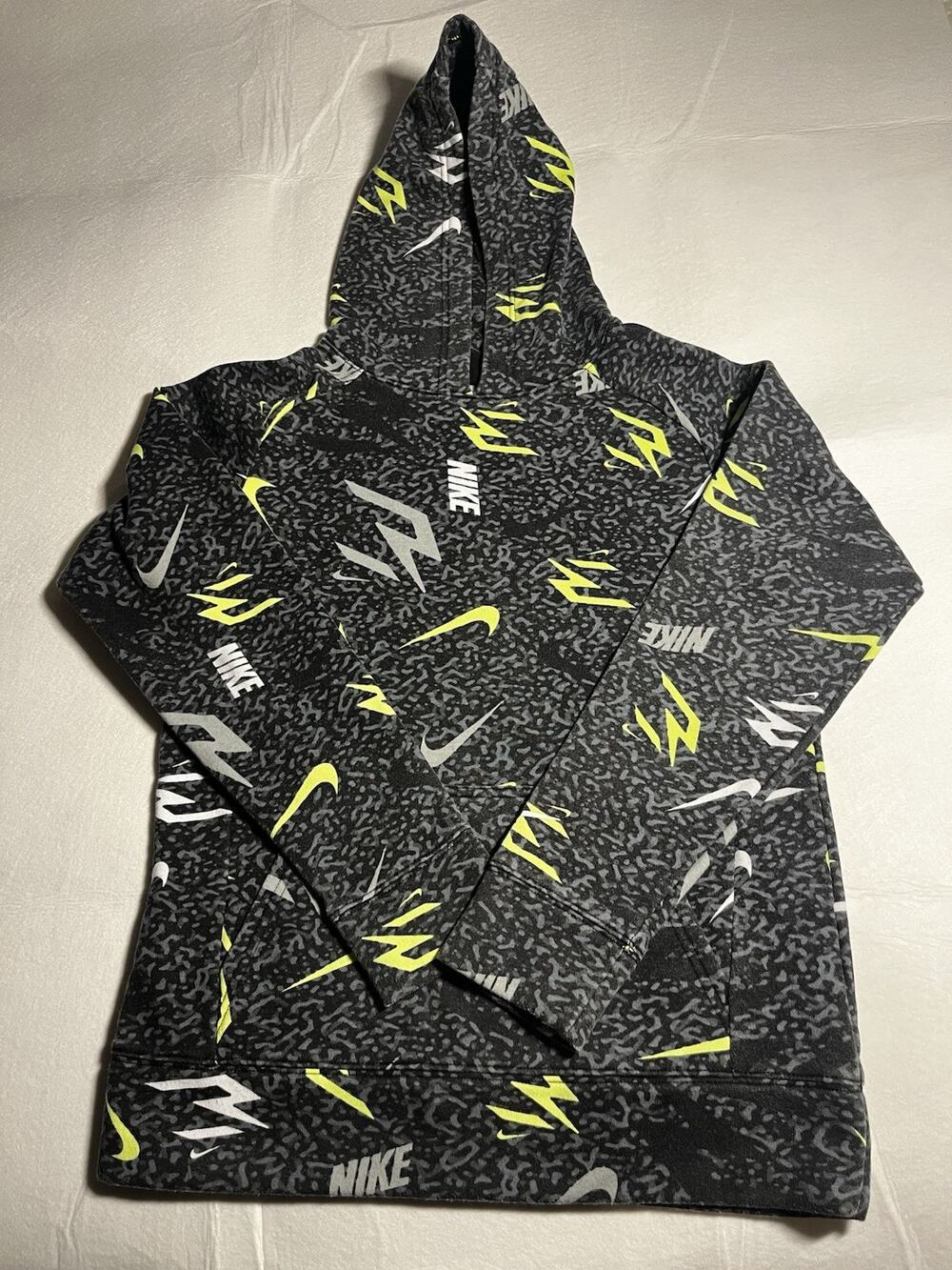 Nike Hoodie Boys L Youth 12-13 Gray All Over Print Pullover Hooded Pocket Logo